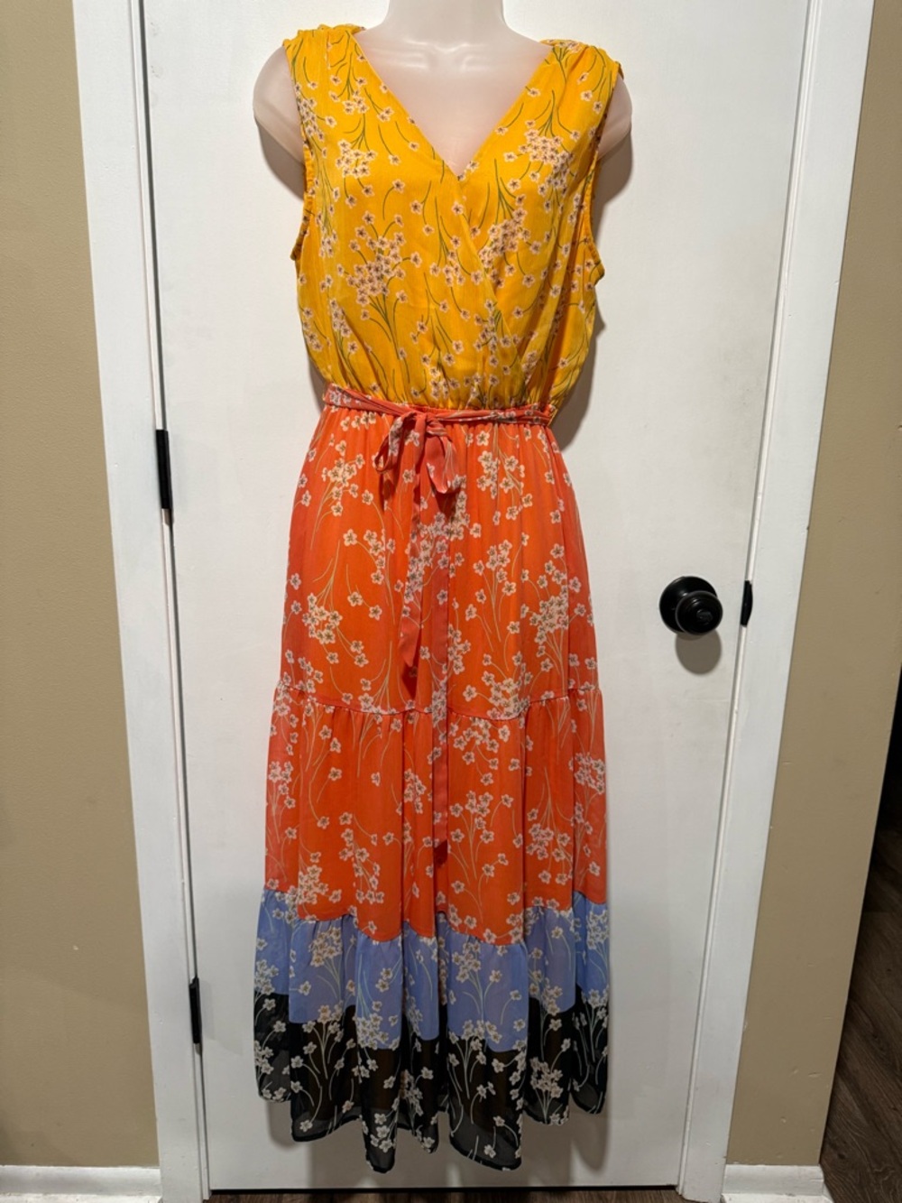 DR2 Colorblock Floral Maxi Dress in Yellow, Orange, Blue, Black-#1441